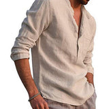 Foesce Men's Casual Cotton Linen Shirts Solid White V Neck Men Long Sleeve Shirt Button Pocket Tops Blouse Pullovers Camisas De Hombre