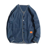 Japan Style Amekaji V-Neck Single Breasted Men Denim Jacket Spring Mens Vintage Jean Jacket