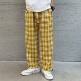 Foesce  Harajuku New Yellow Plaid Drawstring Men's Casual Pants Vintage Loose Straight Streetwear Male Pant Unisex Trousers