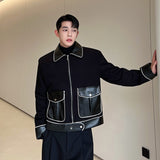 Men Wool Splice Leather Loose Casual Vintage Fashion Short Jacket Outerwear Male Korean Streetwear Business Coat