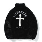 Foesce Men Rabbit Fur Jacket Coats Hip Hop Cross Letters Winter Fleece Jacket Streetwear Casual Harajuku Coat Zip Up Fashion Outerwear
