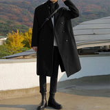 Winter Warm Woolen Long Coats Men Fashion Double Breasted Lapel Solid Overcoats Mens Retro Loose Straight Trench Outerwear