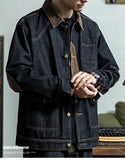 Men Fashion Black Denim Jacket Tough American Retro Hunting Jacket Denim Corduroy Stitching Denim Loose Jacket Trendy Men