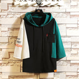 Foesce American Retro Half  Sleeve  Hoodies T-shirt Sweatshirts Men Hooded Casual  Young Hip Hop Male Lace Up Hoodies big X Print