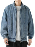 Foesce Stand Collar Denim Jacket Men Casual Autumn Zip Closure Jacket Coat Loose Baggy Blue Retro Jacket Man Fashion Clothing