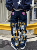 Men's letter star print y2k jeans American style hip hop high waist loose layered straight zipper fashion pants trend hot sale