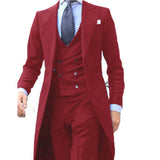 Foesce New Arrivel Long Coat Designs Chinese Red Men Suit Gentle  Tuxedo Prom Blazer Custom 3 Pieces (Jacket+Vest+Pants)