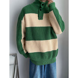 Casual Winter Lapel Sweater Men Warm Fashion Knitted Pullover Men Korean Loose Stripe Long Sleeve Sweater Mens Jumper Clothes