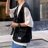 Foesce Men's functional Tooling Vest Streetwear Hip Hop Sleeveless Jacket Gilet Military Multi-Pocket Outdoors Cargo Vest Coat