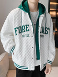 New Spring Men's Hooded Varsity Jacket Streetwear Fashion Fake 2 In 1 Single Breasted Casual Windbreaker Loose Letter Coat
