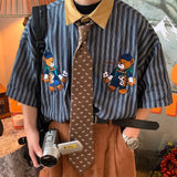 Vertical Striped Japanese Retro Short Sleeve Casual Shirts Men Couple Top Bear Print Button Up Shirt Summer Punk Style