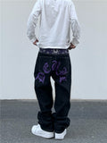 Foesce Waist Cashew Print Letter Pactchwork Ripped Jeans Mens Streetwear Straight Washed Retro Oversized Casual Denim Pants Unisex