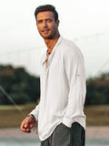 Men's Hippie Linen Shirt Casual Long Sleeve Henry Collar Summer Beach Loose Tee Tops Solid Color T shirts