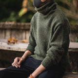 Maden Men's Vintage Warm Soft Mohair Turtleneck Sweater Green Grey Long Sleeve Sweater With Elbow Patch