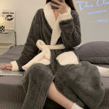 Women Long Thermal Jacquard Flannel Bathrobe With Belt Winter Warm Coral Velvet Bath Robe Soft Dressing Gown Female Sleepwear