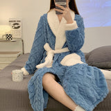 Women Long Thermal Jacquard Flannel Bathrobe With Belt Winter Warm Coral Velvet Bath Robe Soft Dressing Gown Female Sleepwear