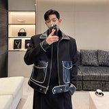 Men Wool Splice Leather Loose Casual Vintage Fashion Short Jacket Outerwear Male Korean Streetwear Business Coat