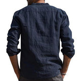 Foesce Men's Casual Cotton Linen Shirts Solid White V Neck Men Long Sleeve Shirt Button Pocket Tops Blouse Pullovers Camisas De Hombre