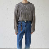 New Men's Vintage Loose Smock Tops Summer Fashion All-match Casual Geometic Hollow Out Outfits See-though Knit Shirts