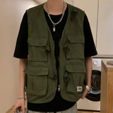 Foesce Men's functional Tooling Vest Streetwear Hip Hop Sleeveless Jacket Gilet Military Multi-Pocket Outdoors Cargo Vest Coat