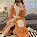 Women Long Thermal Jacquard Flannel Bathrobe With Belt Winter Warm Coral Velvet Bath Robe Soft Dressing Gown Female Sleepwear