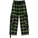 Men's Vintage Straight Pants Plaid Baggy Drawstring Trousers Multi-pocket Design Fall Hip Hop Casual Fashion Streetwear