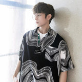 Thin Korean Streetwear T-Shirts Vintage Spring Summer Fashion Casual Button Pullovers Handsome Printing Geometric Men's Clothing