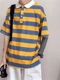 Foesce Short-sleeved T-shirt Men's Vintage Lapel Striped Shirt Hong Kong Style Loose Top Summer Hip Hop Urban Style Shirt