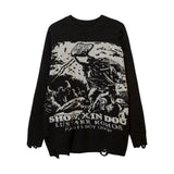 Foesce Harajuku Priest Salvation Printed Knitwears Women Streetwear Hip Hop Destroyed Hole Ripped Pullovers Jumper Oversized Men