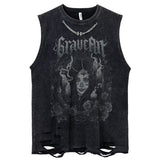 Foesce 5 Designs Men's Vest Gothic Style Crop Top Punk Heavy Metal Cropped Casual Harajuku Demon Black Vintage Washed Summer Streetwear