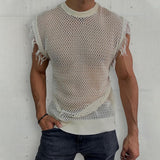 Foesce Men Summer Sleeveless O Neck Basic Pullover Tee For Man Clothing Casual Tassel Solid Shirt 2023 Hollow Knit Vest Top Streetwear