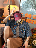 Vertical Striped Japanese Retro Short Sleeve Casual Shirts Men Couple Top Bear Print Button Up Shirt Summer Punk Style
