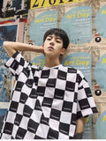 Men Short-slleve Shirt Men's Loose Vintage Black White Plaid T-shirt Student Japan Korean Summer Hip-hop Street Vitality Tops