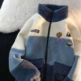 Foesce New Fashion Stitching Polar Fleece Hoodie Women Casual Loose Winter Thickened Top Wool Lamb Fleece Jacket Winter Clothes Women