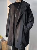 Foesce Windbreaker Men's Mid-length Spring Autumn Trench Coat Hooded Jacket Korean Trend Handsome Preppy Cape Cloak Punk Streetwear