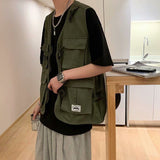 Foesce Men's functional Tooling Vest Streetwear Hip Hop Sleeveless Jacket Gilet Military Multi-Pocket Outdoors Cargo Vest Coat