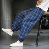Chinese Style Ice Cotton Casual Pants Men Summer Breathable Thin Section Harem Pants Comfortable Loose Plaid Pants