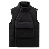 Foesce New Men's Autumn Winter Down Cotton Vest Front pocket Waistcoat Warm Sleeveless Jacket Stand Collar Solid Color Zipper Coat