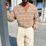Foesce New Mens Linen T-Shirts Loose Long Sleeve V Neck Casual Tops Male Clothing Vintage Striped Printed Tee Shirt Fashion Pullovers