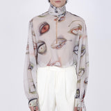Vintage Button Turtleneck Hollow Shirts Men Sexy See Through Thin Shirt Fall Fashion Eyes Print Slim Long Sleeve Mens Tops