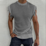 Foesce Men Summer Sleeveless O Neck Basic Pullover Tee For Man Clothing Casual Tassel Solid Shirt 2023 Hollow Knit Vest Top Streetwear