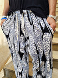 Vintage Ribbed Patchwork Leopard Pants Men Fashion Popular Loose Straight Trousers Spring Summer Mens Casual Waist Tie-up Pants