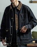 Men Fashion Black Denim Jacket Tough American Retro Hunting Jacket Denim Corduroy Stitching Denim Loose Jacket Trendy Men