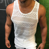 Tank Top for Men Lace Hollow Out Sleeveless Shirts Summer Mens Clothing Slim Fit Gym Clothes Workout Solid Color Vest Tops
