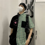 Vintage tooling shirt female summer new style plaid stitching heart kawaii lapel design sense niche chic short-sleeved loose top