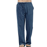 Men's Casual Pants Daily Wear Solid Summer Full Length Soft Linen Pants Mid Waist Pocket Drawstring Trousers Streetwear Bottoms