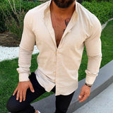 Foesce New Long Sleeve Button Stand Collar Men's Cotton Linen Shirt Buckle Casual Top