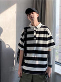 Foesce Short-sleeved T-shirt Men's Vintage Lapel Striped Shirt Hong Kong Style Loose Top Summer Hip Hop Urban Style Shirt