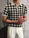 Vintage Houndstooth Print Polo Shirt Men Summer Short Sleeve Casual Pullover Tops Mens Fashion Turn-down Collar Button-up Polos