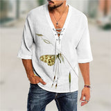 Mens Vintage  T-shirt Summer Top Casual Blouses Shirts Half Sleeve Cotton Linen Shirts Men Loose Baggy Shirt Silk Chemise Homme